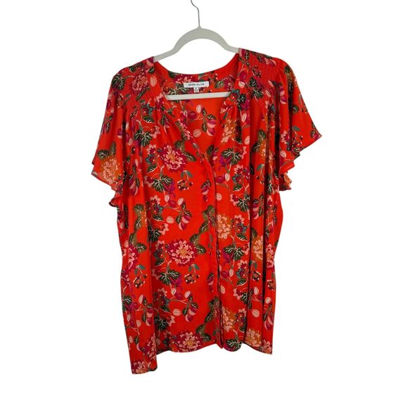 Rose + Olive Orange Floral Button Front Blouse Preppy Office Womens Plus Size 2x - Picture 1 of 6